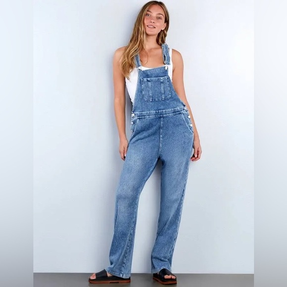 🆕 Wash Lab Blue Rain Denim Wide Leg Open Back Overalls, New with Tags, Medium - Picture 2 of 8